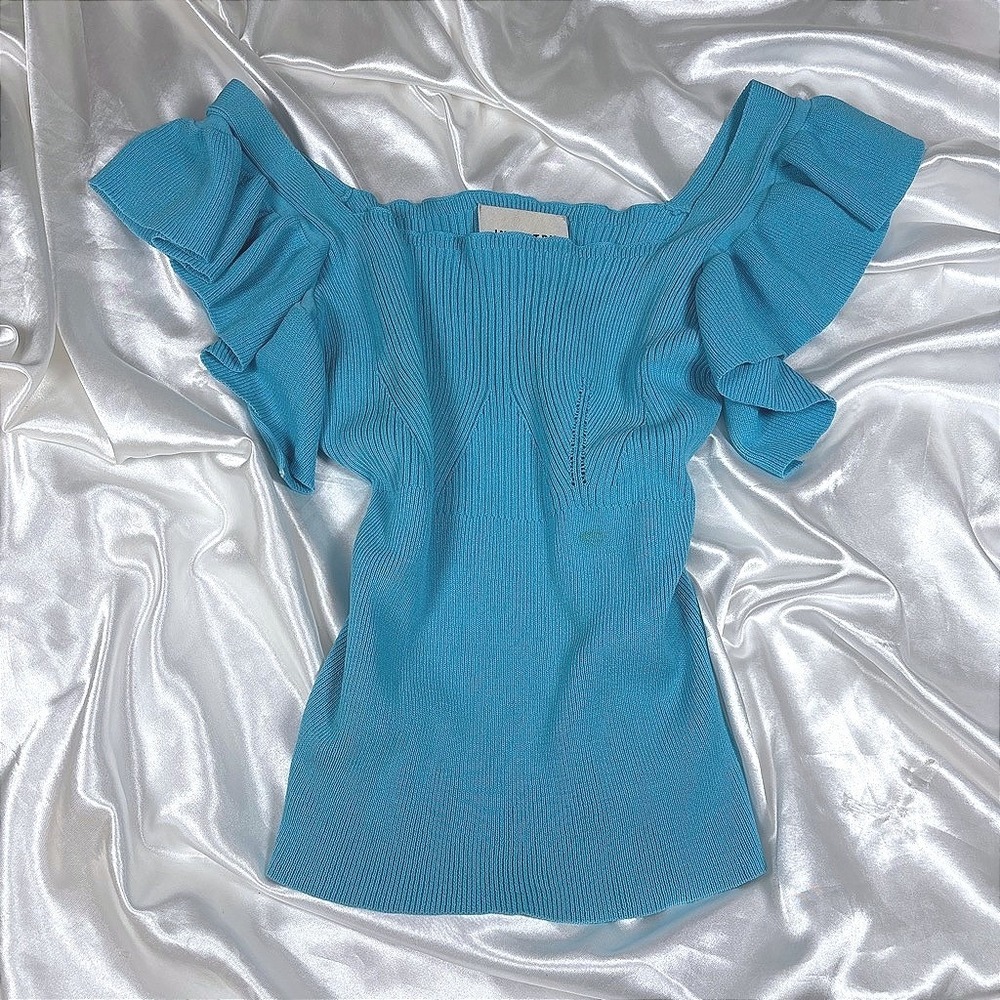 y2k Industry Knit Top Blue Good Ruffle Sleeve Square Neck Ribbed Sweater